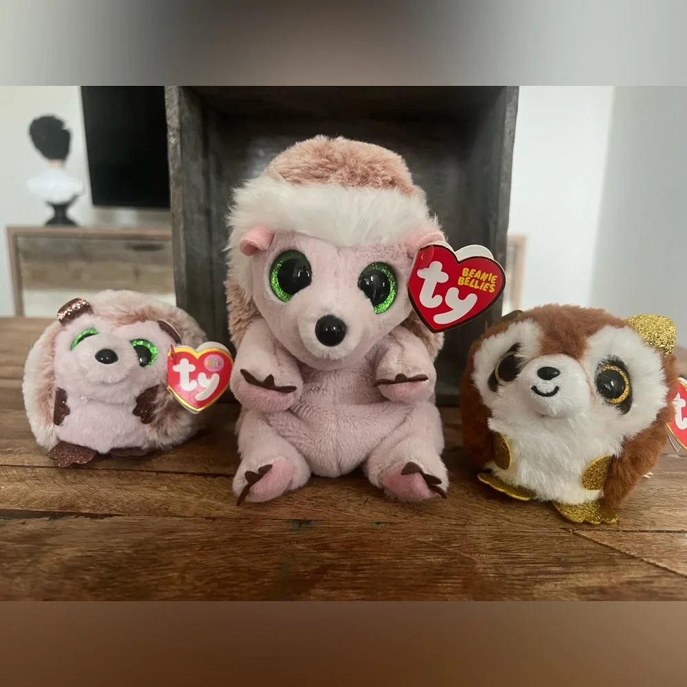 6 pc MNWT TY Beanie Babies Bellies Puffies Plush Animal Bundle Fox Hedgehog More